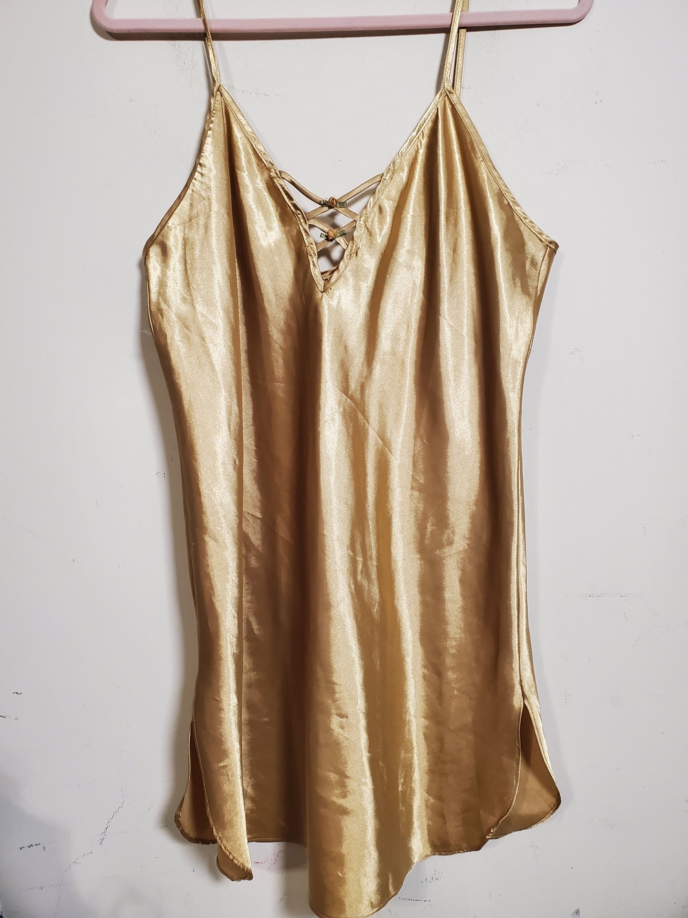 Vintage 90s Gold Satin Slip Dress with Crisscross Neckline